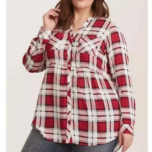 Torrid Emma Tunic Womens 3X Red Pink Plaid Babydoll Challis Button-Front Top - Picture 1 of 10
